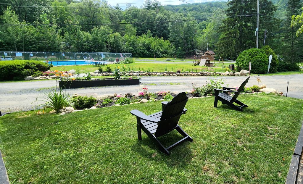 lounge chairs overlooking woodsy campground and pool